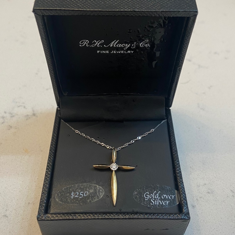 Macy's Gold Diamond Cross Necklace NWT